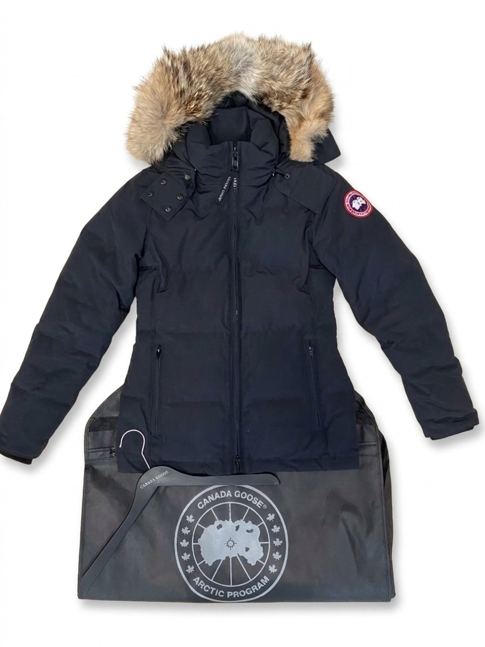 Canada Goose Heritage Chelsea Parka XS w/ Coyote Fur Trim, Garment Bag & Hanger